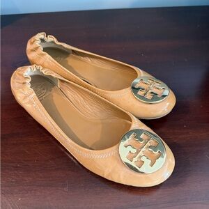Tory Burch Tan Leather Flats with Gold Medallion